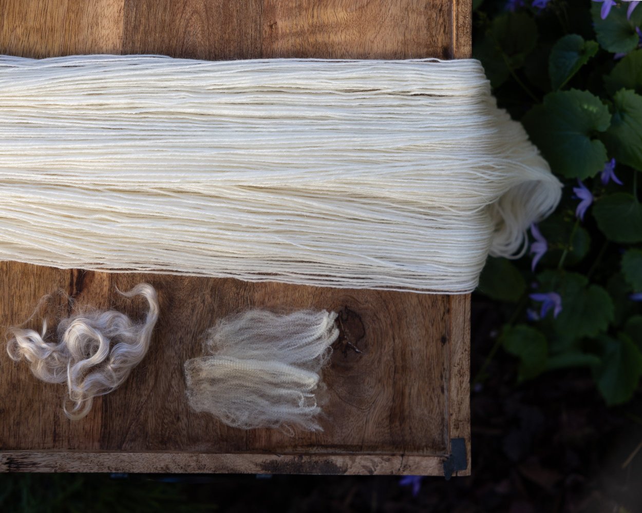 Unwound skein of undyed yarn with representative samples of the fiber contained in the yarn: merino wool and mohair. 