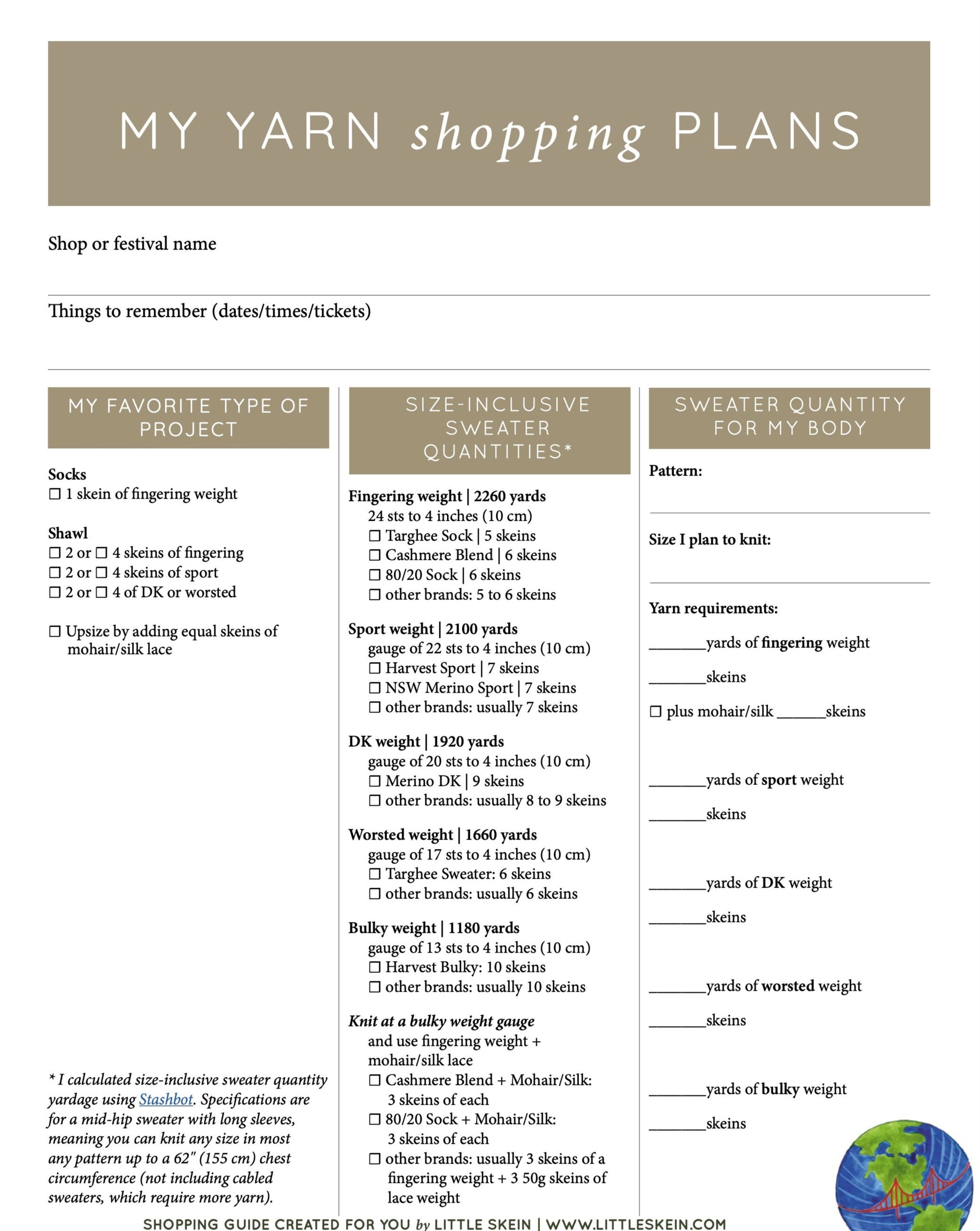 Planning sheet for festival yarn shopping