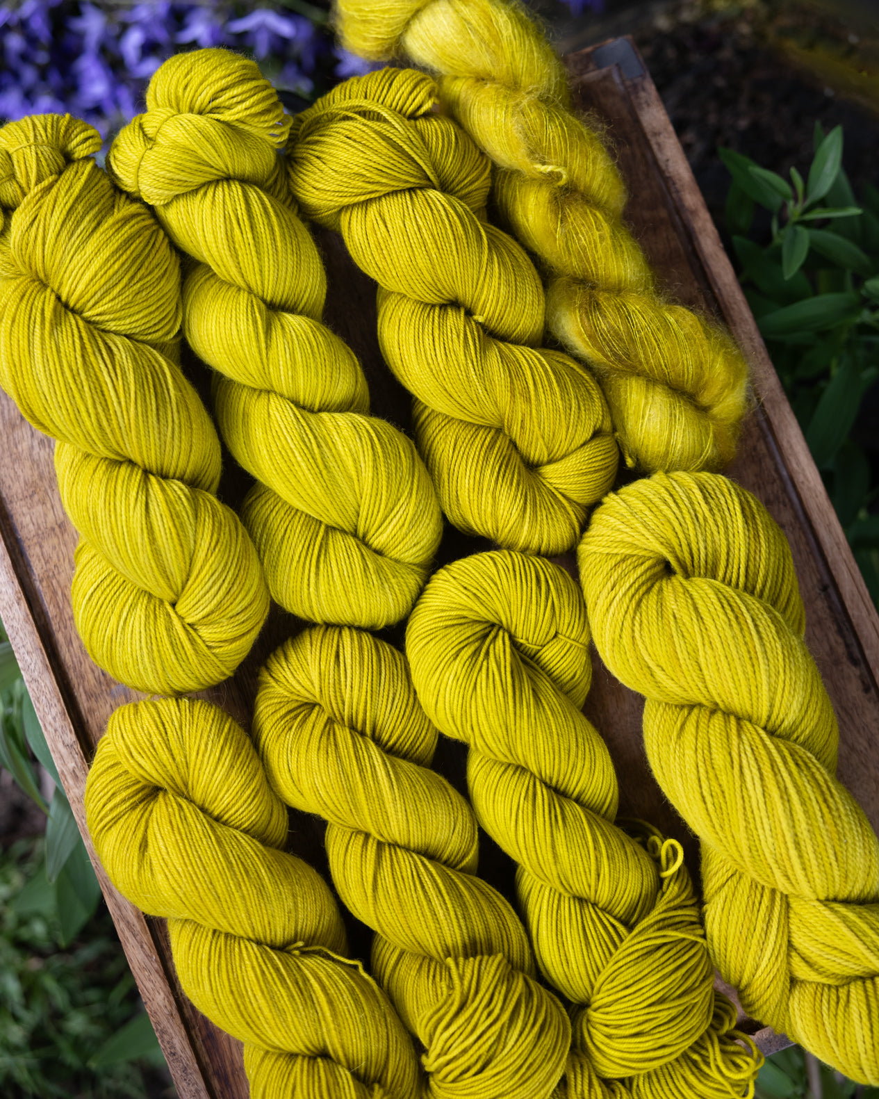 8 skeins of yarn, all dyed the same color, but on 8 different bases to show color variations